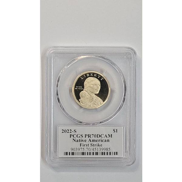 PCGS 2022-S PR70 DCAM First Strike Native American Sacagawea Dollar Signed By Thomas Cleveland