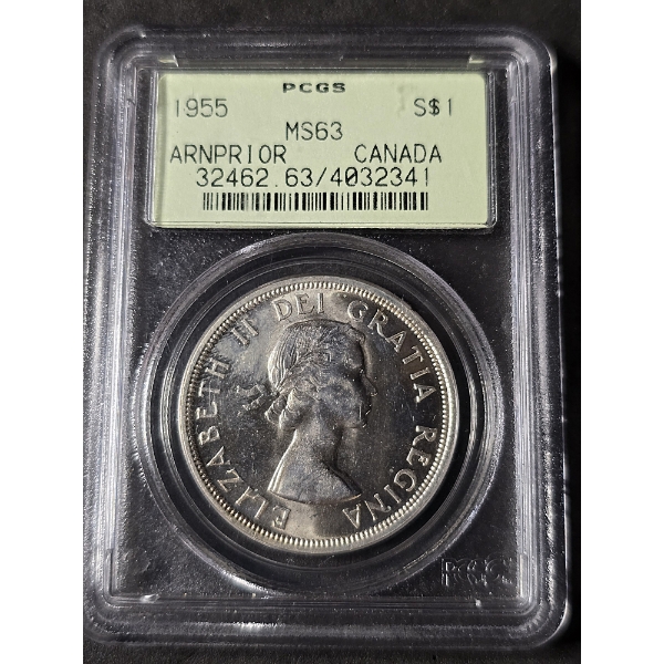 RARE 1955 Canada Silver Dollar ARNPRIOR Variety Graded PCGS MS63