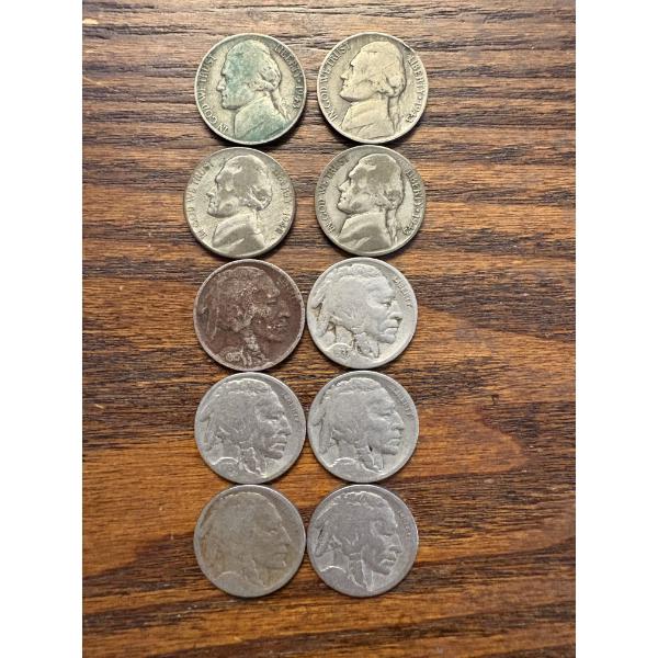 10 Nickels - FV $0.50 - Includes Buffalo Nickels (6) - Various Years