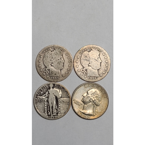 Assorted Barber, Standing Liberty &  Washington 90% Silver Quarters - Face Value: $1.00