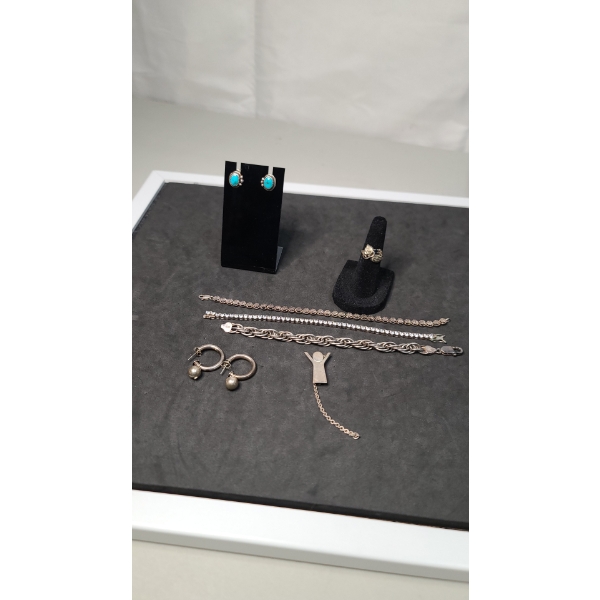 Sterling Silver Earrings, Ring, Bracelets & Pin Total Weight: 42.7 Grams