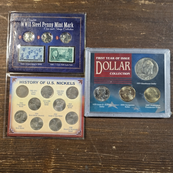 Historical Coins incl WWII Steel Penny 3-Coin, History of Nickels and 1st Year of Dollar Collection