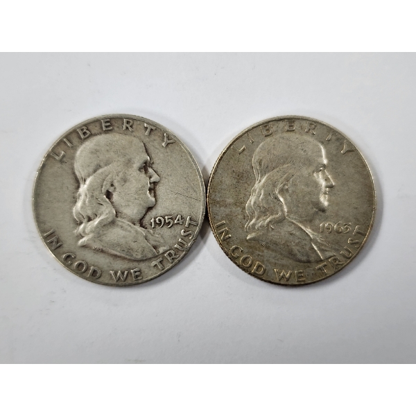 Two 90% Silver United States Franklin Half Dollars ~ 1954 & 1963-D ~ $1.00 Face Value