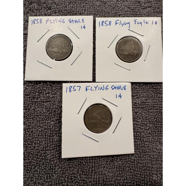 3 - 1850's United States Flying Eagle Pennies - Excellent Condition