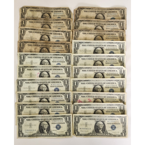 Lot of 20 United States Blue Seal $1 Silver Certificates - Face Value $20.00