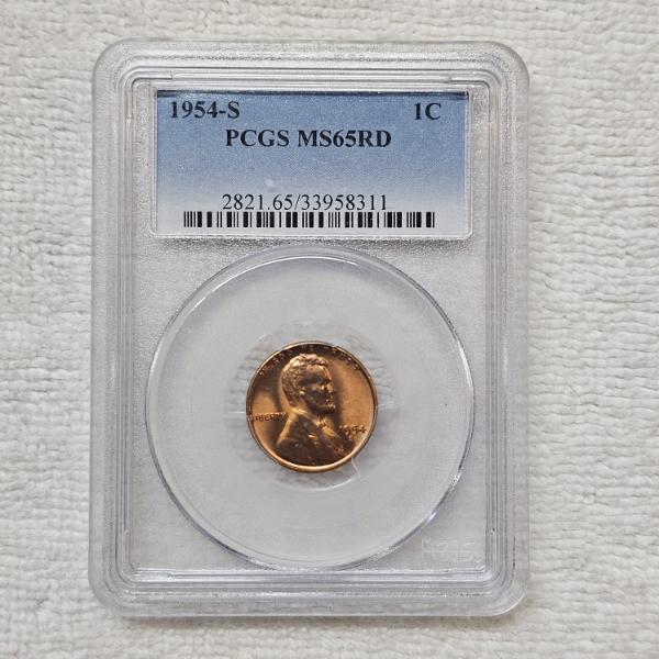 1954-S Lincoln Wheat Cent, encapsulated by PCGS and Graded Mint State 65 Red