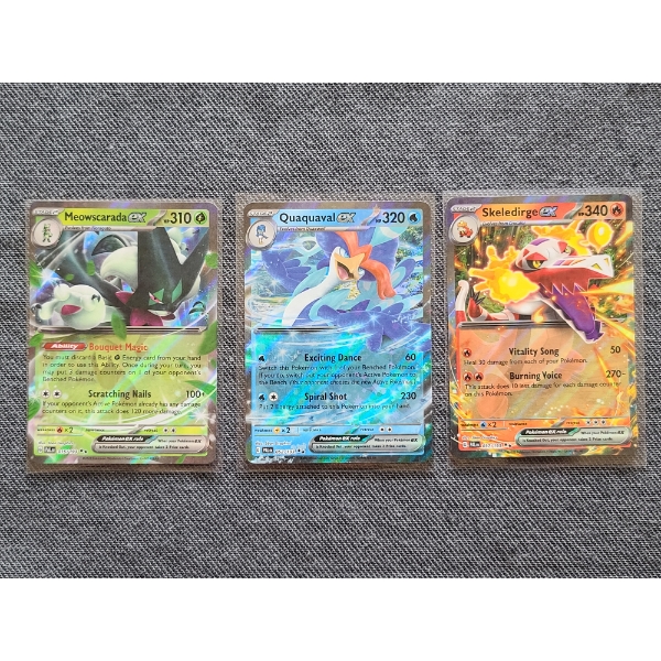Three Holo Rare Pokemon Trading Cards - Meowscarda ex 015 Quaquaval ex 052 & Skeledirge ex 037