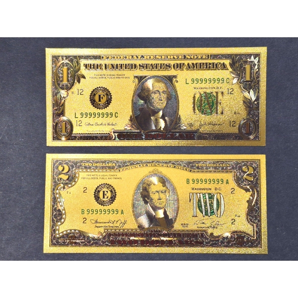 UNITED STATES GOLD FOIL $ 2 & $ 1 NOTE - PURE 24K .999 FINE GOLD FOIL LAMINATED IN PROTECTIVE LAYER 
