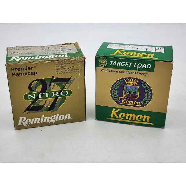 2 Boxes of 12 Gauge Shotgun Target Loads: Remington 27 Nitro Premier Handicap, Kemen