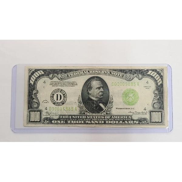 US Large Currency Note - "AS IS" (See Desc) 1934 FR# 2211-D $1000 Federal Reserve Note In Protector