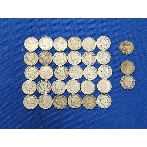 x31 Assorted Year Silver Dimes:  Roosevelt, Mercury, & (1) Barber FV: $3.10