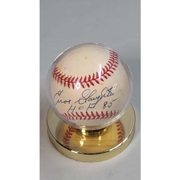 Enos Slaughter Autographed Rawlings Baseball In Display Stand