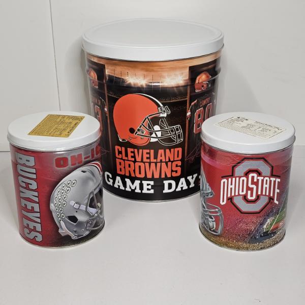 OHIO!!! 3 Officially Licensed Sports-Themed Popcorn Tins featuring OSU and Cleveland Browns Design