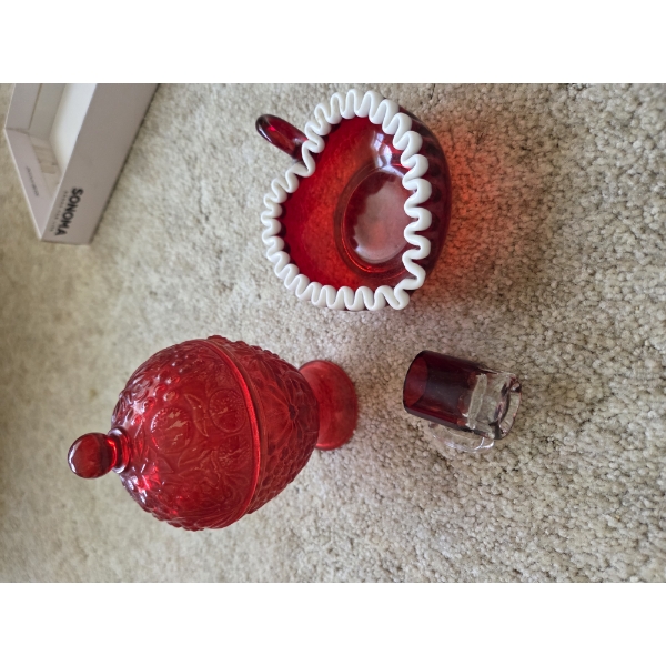 PICKUP IN CANTON-  Vintage Red Glass Candy Dishes And ToothPick Holder
