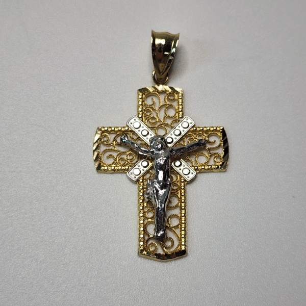 Two-Tone 10K Gold Filigree Crucifix Pendant - TW: 2.7g