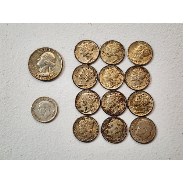 Assorted Silver Coins: $1.45 in 90% U.S. Coins & (1) 80% Silver Canadian 10-Cent Coin