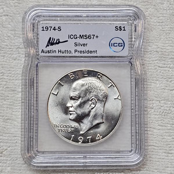 Austin Hutto Signed 1974-S Eisenhower 40% Silver Dollar graded MS67+ by ICG