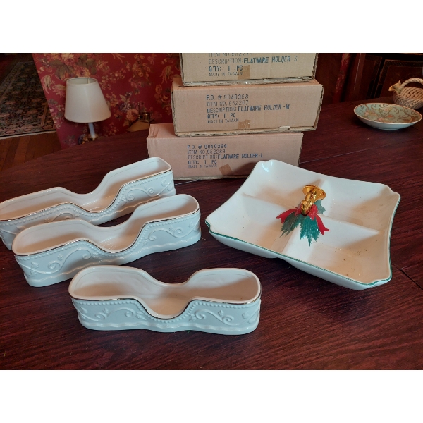Porcelain Flatware Holders (Dining Accessories) New In Box & Divided Porcelain Serving Tray