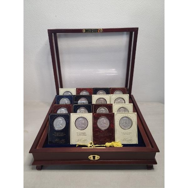 Beautiful Hardwood Display Case Filled With 16 Silver Franklin Half Dollars in Unique Display Slabs 