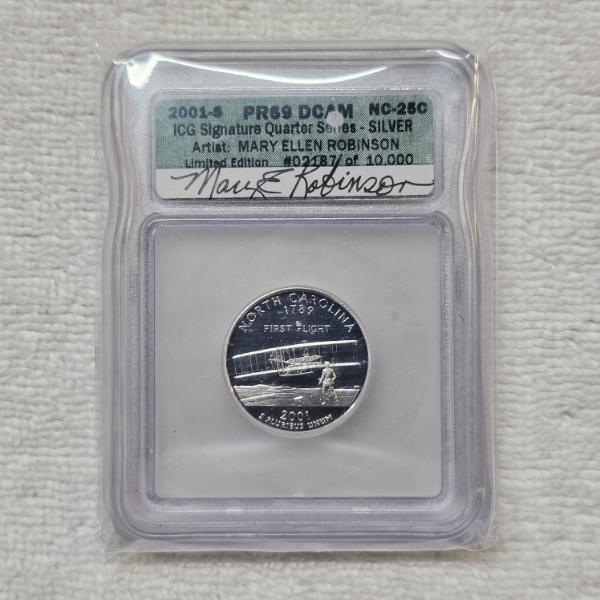Mary Ellen Robinson Signed 2001-S N.C. PR69 DCAM 90% Silver Proof Quarter from ICG Signature Series
