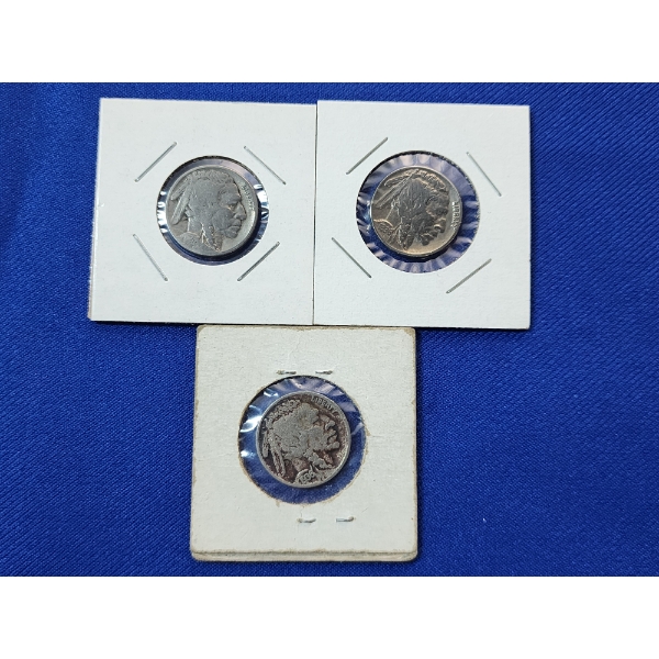 Three United States Buffalo Nickels: 1936, 1936, 1928 