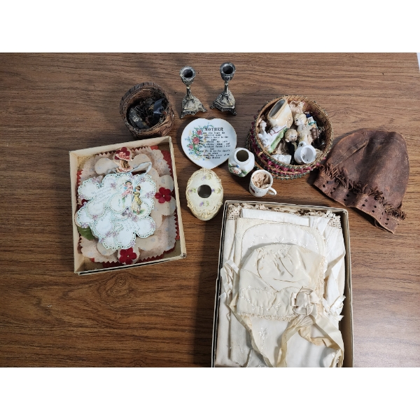 Assorted Vintage Collectibles: Handmade Baby/Doll Clothes, Leather Hat, Candlestick Holders & More! 