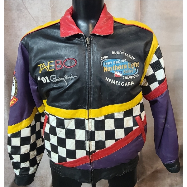 Vintage TAEBO Buddy Lazier Indy Racing 2000 Northern Light Series Medium Leather Jacket 