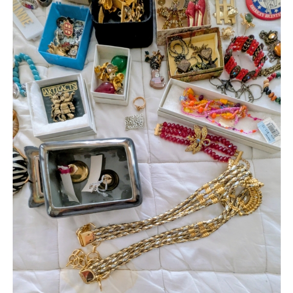 Totes Bag, Costume Jewelry Lot, Brass Box, Belt, Rings & More!