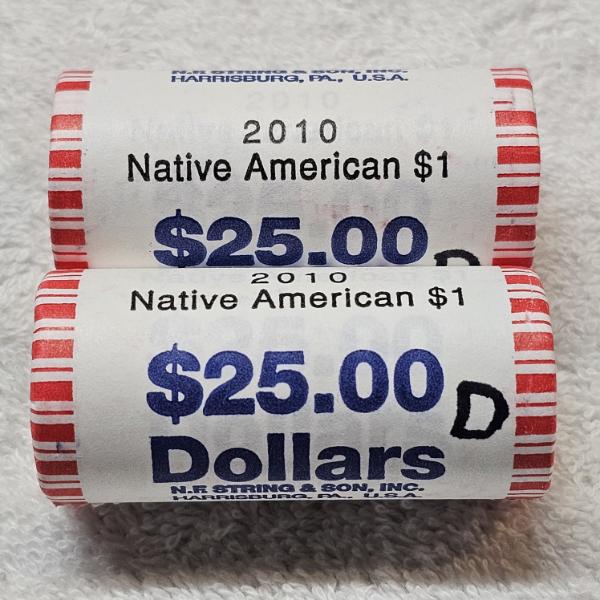 Two $25 rolls of 2010 Native American $1 Dollar Coins FV $50.00