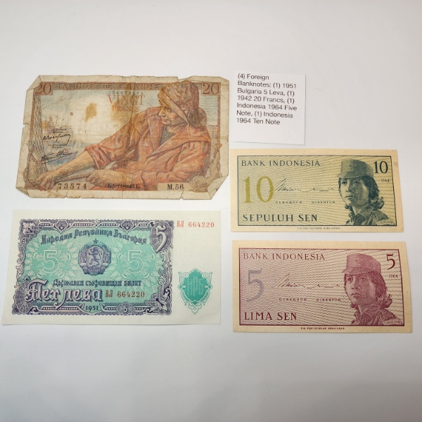 4 Assorted Foreign Banknotes: Bulgaria, France, Indonesia