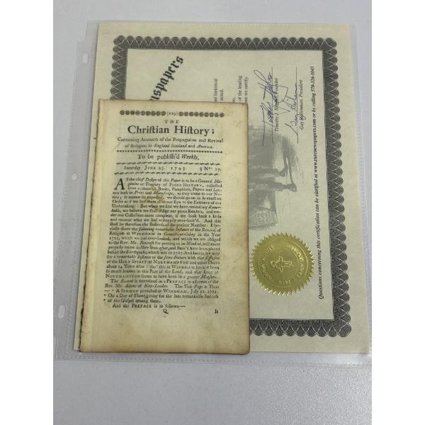 The Chriftian History Newspaper Clip - January 25, 1743, with Certificate of Authenticity - Timonthy