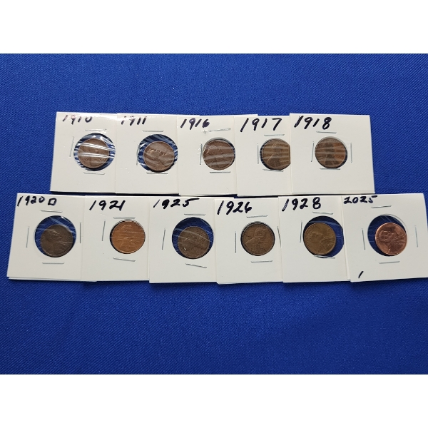 Assorted United States Lincoln Cents Including (1) 2025 Penny & (10) Assorted Years Wheat Pennies