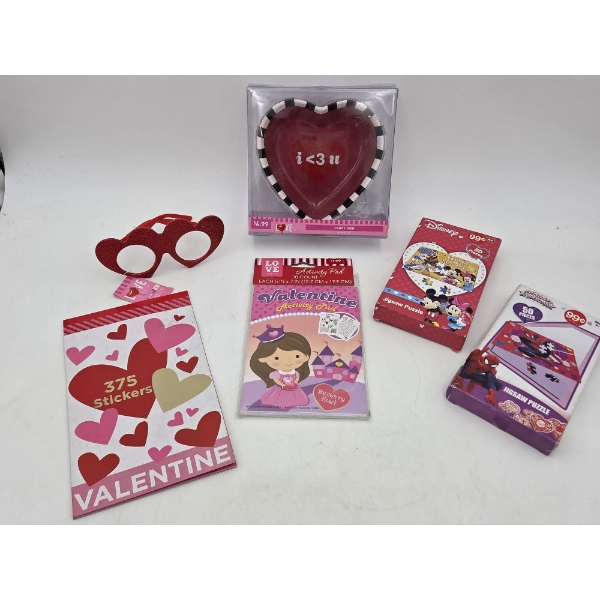All New Valentines Group Including Puzzles, Stickers, Ceramic Candy Dish, & Activity Pad