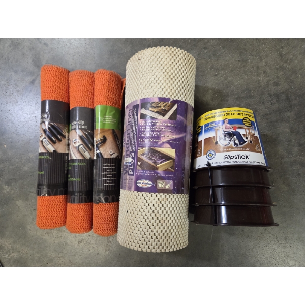 All Brand New- Furniture Risers, Three 12''x60'' Rolls Of No Slip Liner, & One 12''x15'' Roll Of No 
