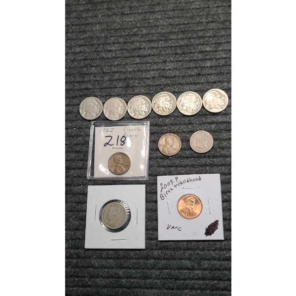 1910 V Nickel, Assorted Buffalo Nickels, Indian Head Cent & Special Lincoln Head Pennies
