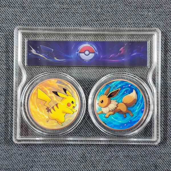 Pokemon Two Coin Copper Round Set ~ 2 OUNCES OF COPPER ~ Ft. Pikachu & Eevee in Nice Display Case