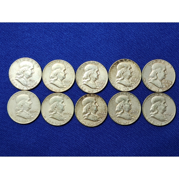 x10 Assorted Years 90% Silver Franklin Half Dollars FV: $5.00