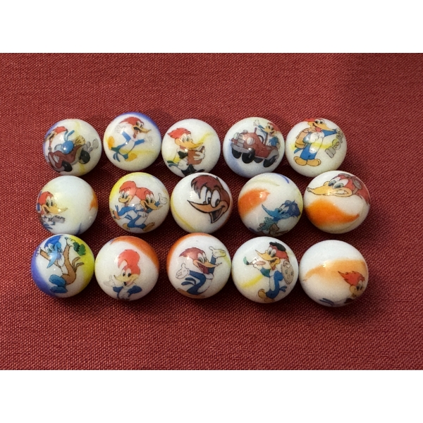 Extremely Rare Vintage Woody Wood Pecker Hand Painted 15 Piece Marble Advertising Set - Mint 