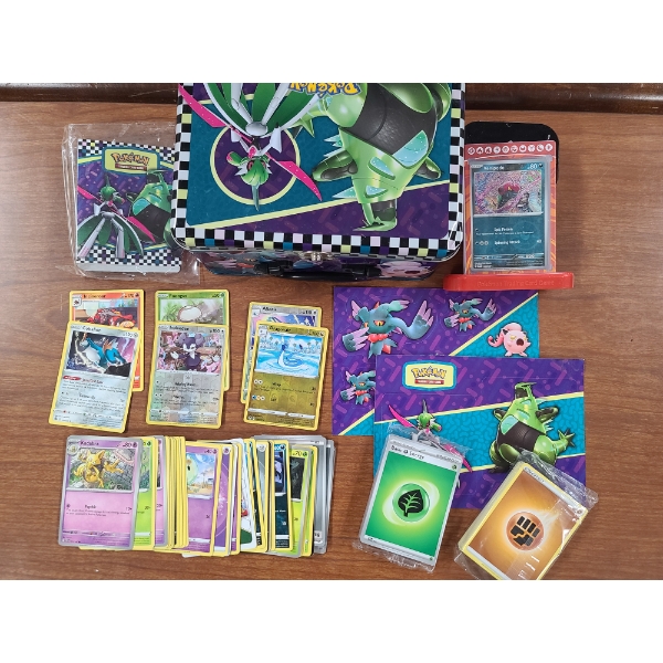 Pokemon Lunch Tin, Mini Binder & Assortment of Pokemon Trading Cards