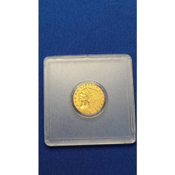 1913 U.S. Gold $2.50 Indian Head Coin In Coin Holder