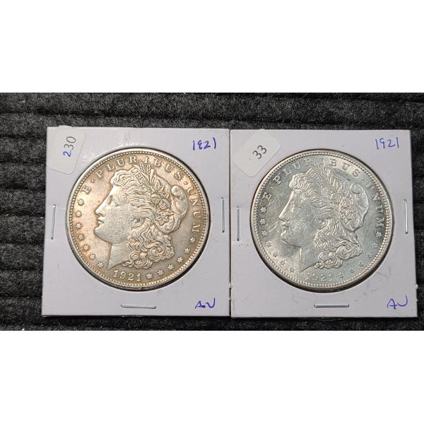 (2) 1921 90% Silver Morgan Dollars 