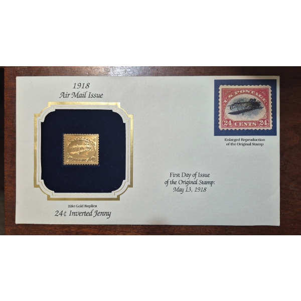 FAMOUS INVERTED JENNY 22kt GOLD REPLICA 1918 AIRMAIL FDC COVER w 24c Commemorative Stamp