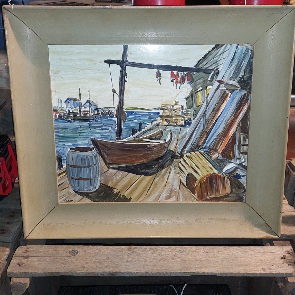 Harbor ART Scene - BOATS - Acryllic On Metal - Wood Frame - 11 1/2" x 9 1/2" - Nice Condition