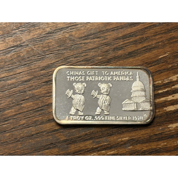 1974 China's Gift to America Those Patriotic Pandas - 1Troy Ounce .999 Fine Silver Bar