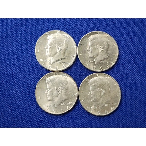 Lot of 4 90% Silver 1964 Kennedy Half Dollars - Face Value $2.00