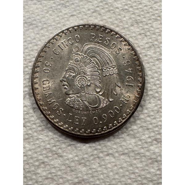 1948 Mexican Silver 5 Pesos Cuauhtemoc Coin - .900 Fine Silver - .8681 Troy Ounce - Mint Condition