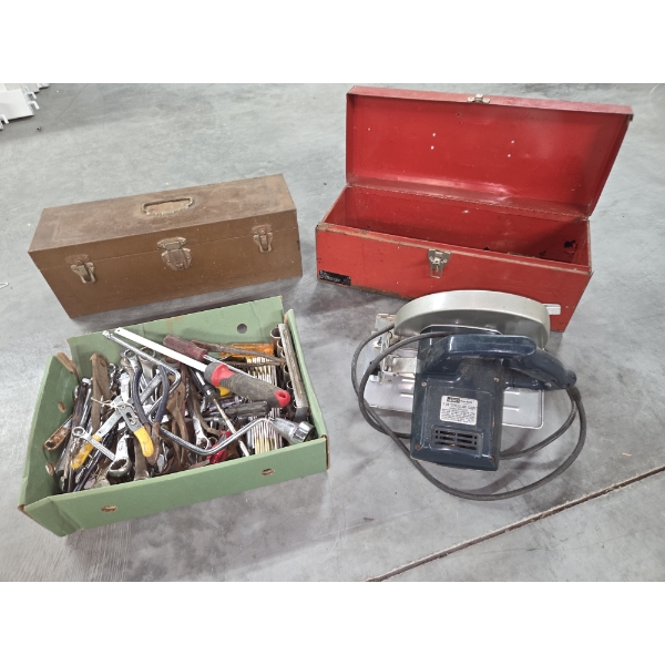 Two Metal Tool Boxes, Assorted Quality Tools, And Saw
