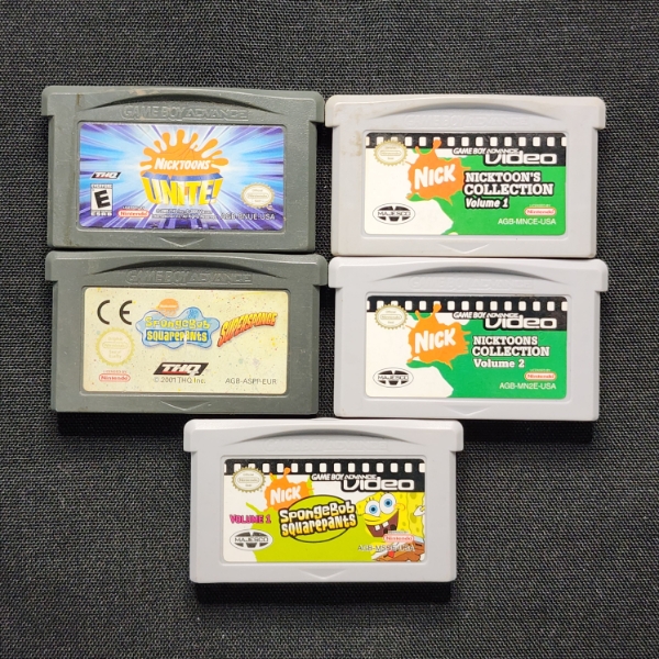 Five Assorted Nintendo Gameboy Advance Nickelodeon Cartridges Including Games & Shows Like SpongeBob