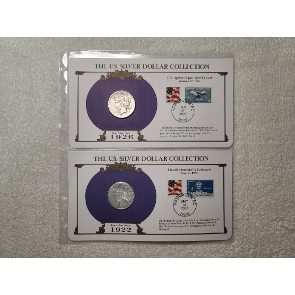 Two U.S. Silver Peace Dollars in Display Cards & Protective Binder Page - 1922-S & 1926-S