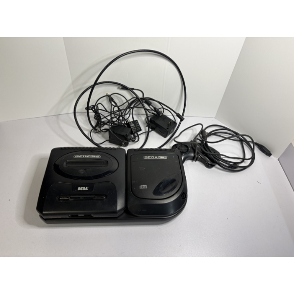 Saga Genesis Model 2 Console Attached to Sega CD Model 2 - Top Loading CD Tray - Includes Chargers